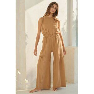 BUCKETLIST S. L New Camel 100% Cotton Adjustable Bow Back Cotton Gauze Jumpsuit